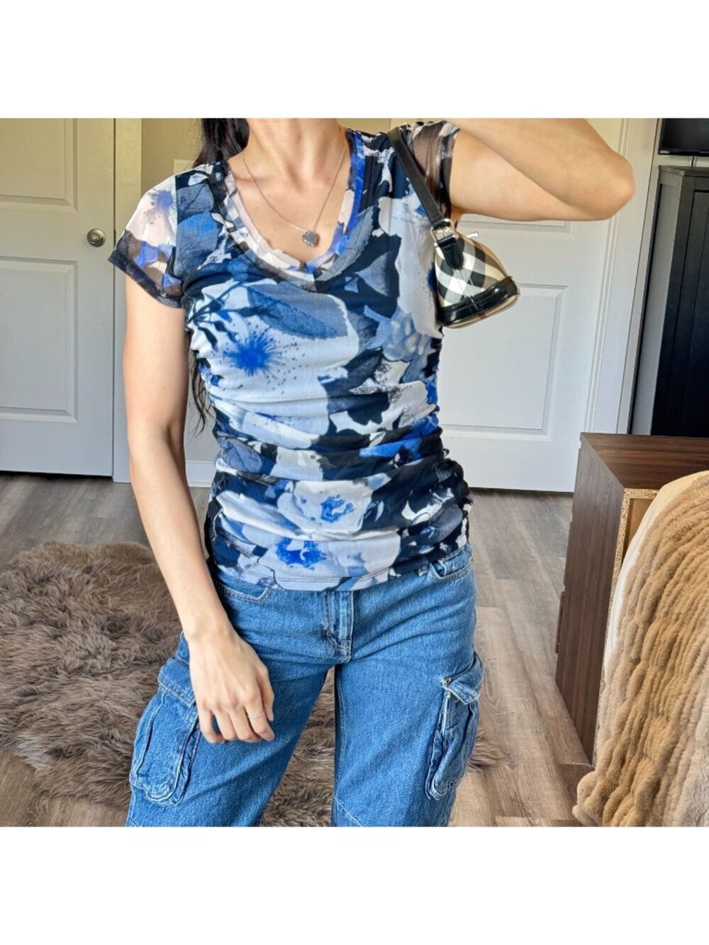 Y2K Floral Preppy Grunge Ruched INC Mesh Baby Tee Womens Medium Body Hugging Top